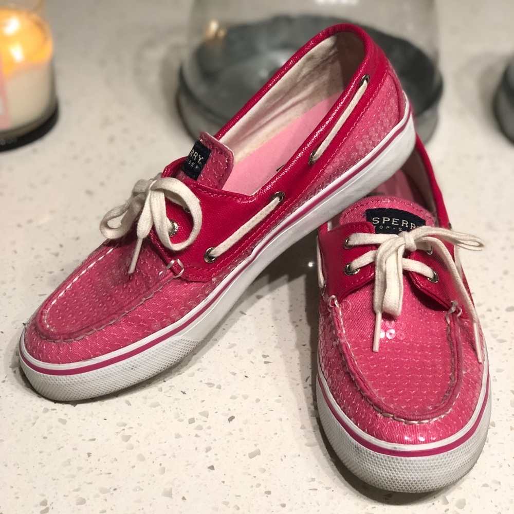 Hot pink sparkle Sperry boat shoes. 💕